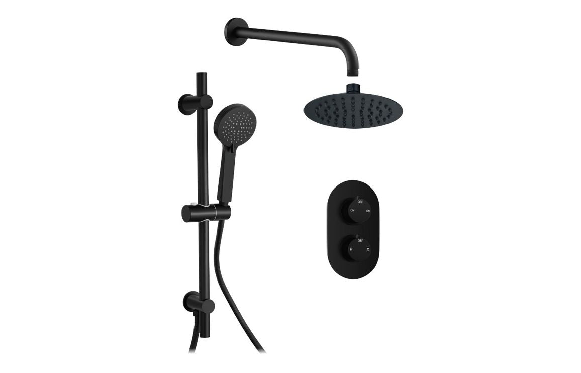 Round Concealed Valve Head &amp; Arm Shower Pack - Matt Black