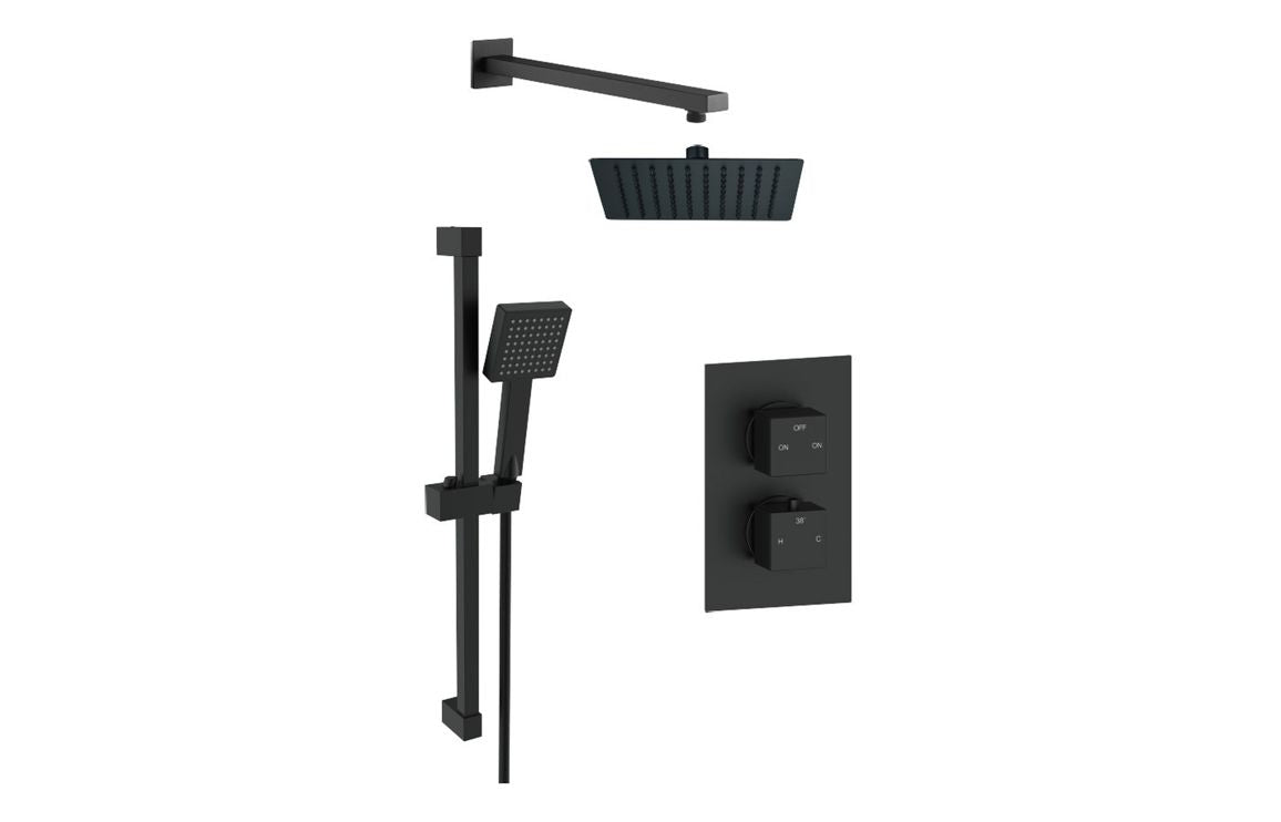 Square Concealed Valve Head &amp; Arm Shower Pack - Matt Black