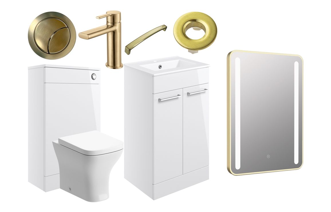 Bohai 510mm F/S Furniture Pack - White Gloss with Brushed Brass Finishes