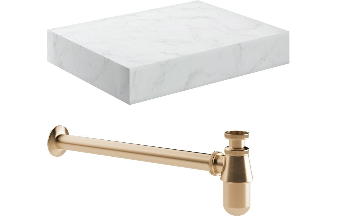 Tallula 600mm Wall Hung White Marble Basin Shelf &amp; Brushed Bronze Bottle Trap