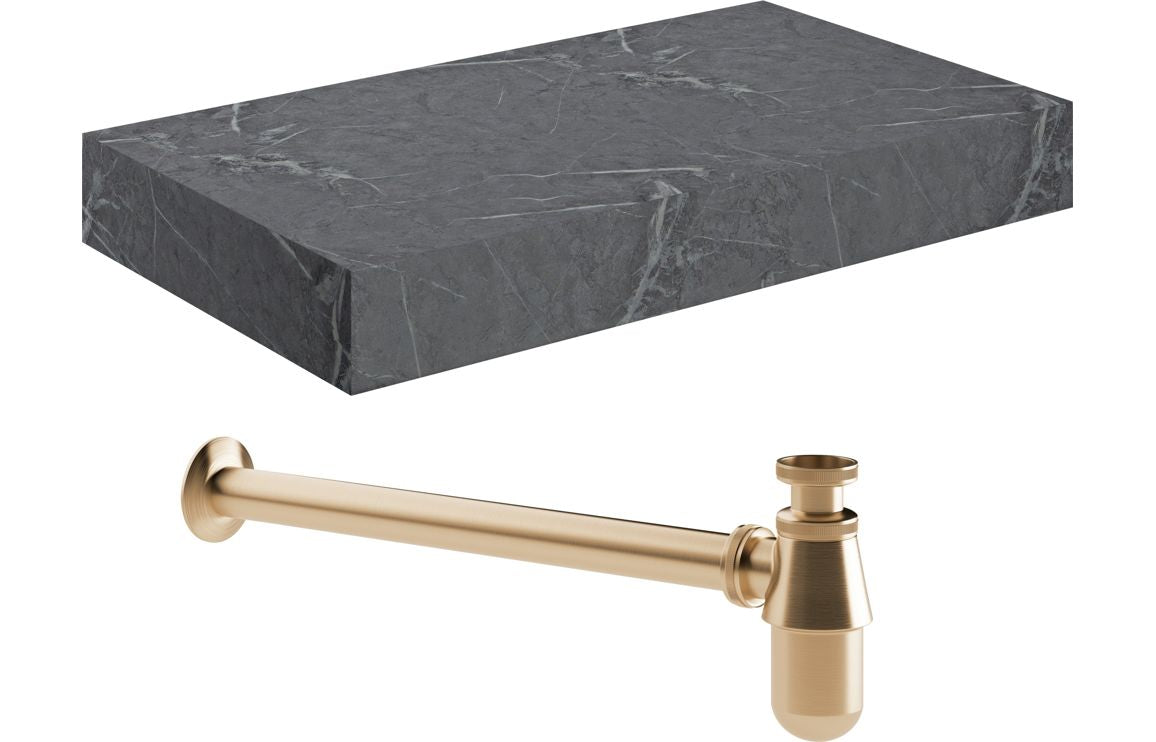 Tallula 800mm Wall Hung Grey Marble Basin Shelf &amp; Brushed Bronze Bottle Trap