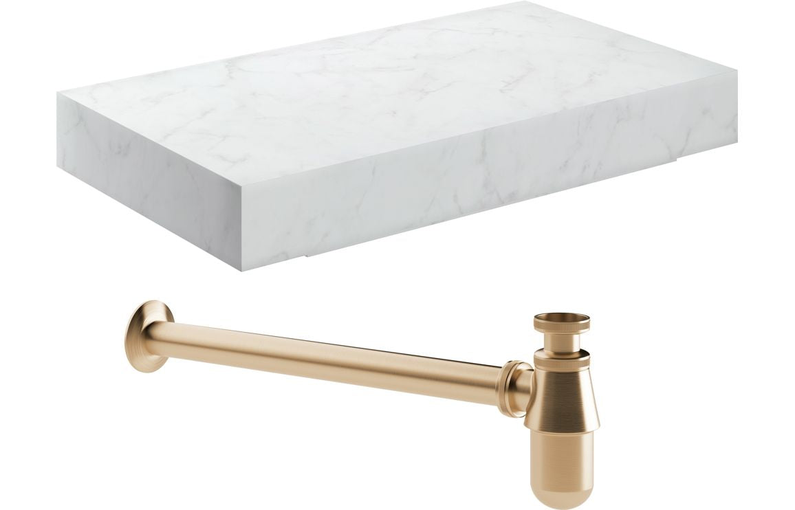 Tallula 800mm Wall Hung White Marble Basin Shelf &amp; Brushed Bronze Bottle Trap