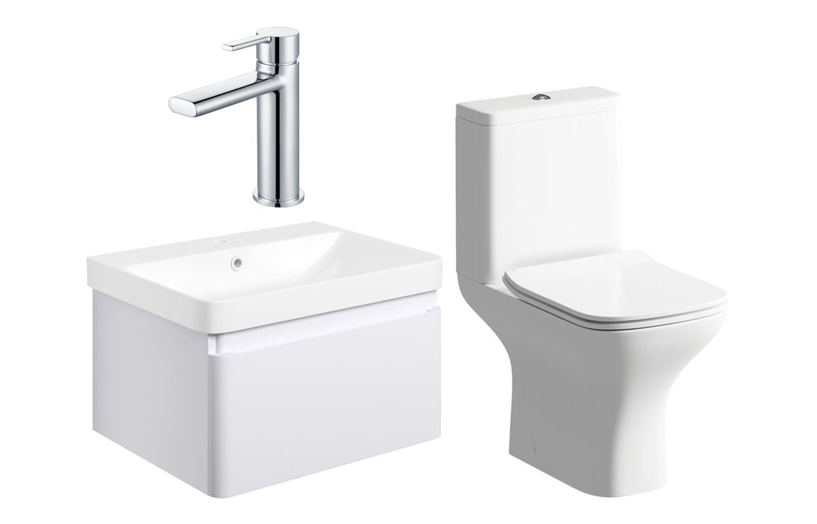 Darya 600mm Basin Unit &amp; Close Coupled WC Pack - Matt White With Chrome Finishes