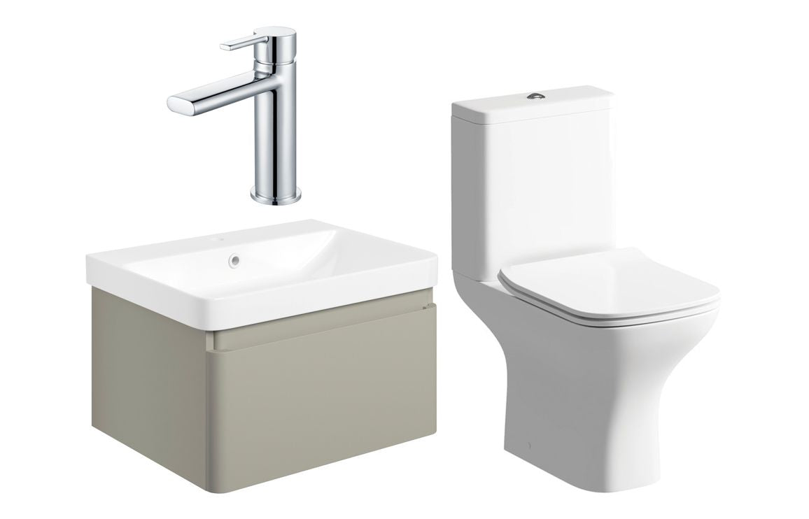 Darya 600mm Basin Unit &amp; Close Coupled WC Pack - Matt Latte With Chrome Finishes