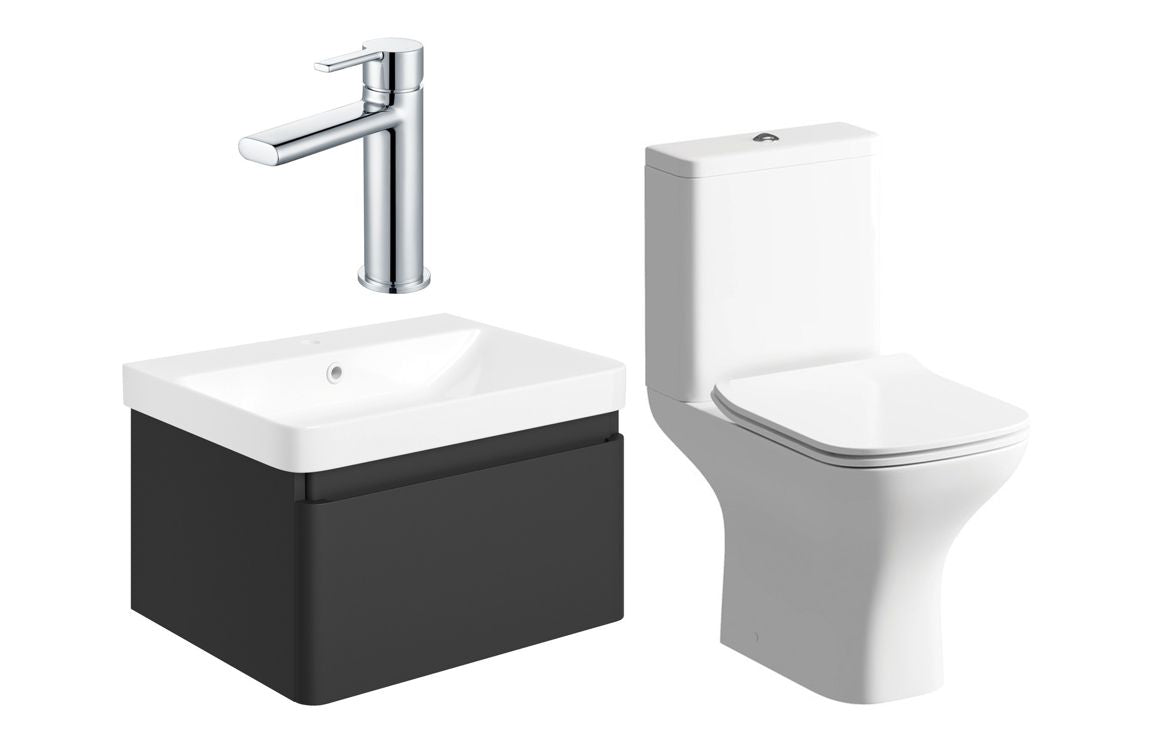 Darya 600mm Basin Unit &amp; Close Coupled WC Pack - Matt Black With Chrome Finishes