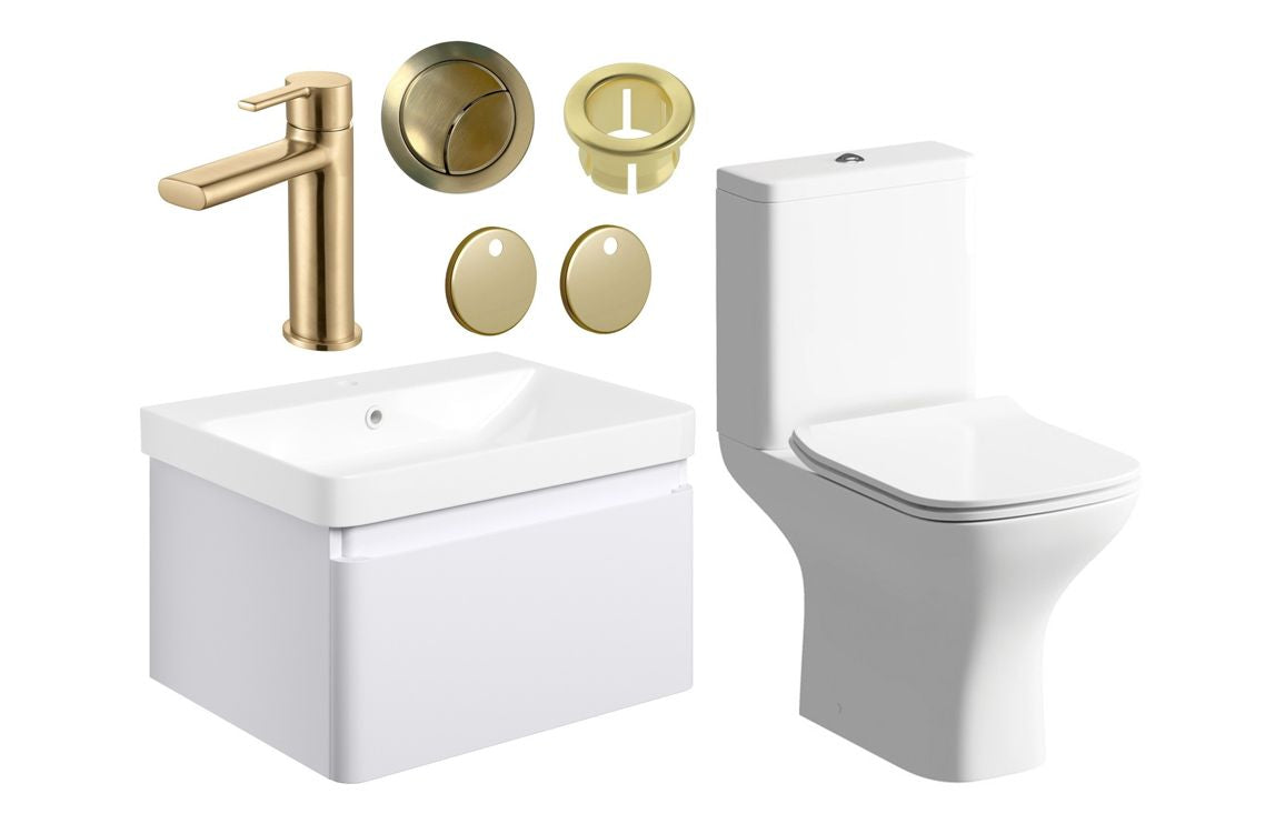 Darya 600mm Basin Unit &amp; Close Coupled WC Pack - Matt White With Brushed Brass Finishes