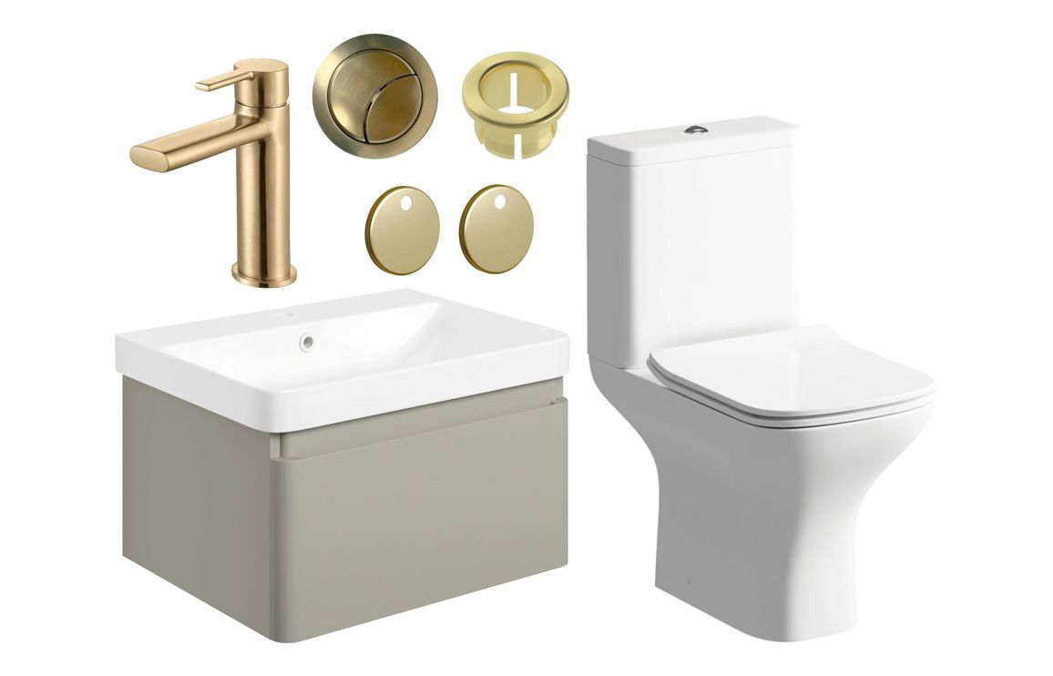 Darya 600mm Basin Unit &amp; Close Coupled WC Pack - Matt Latte With Brushed Brass Finishes