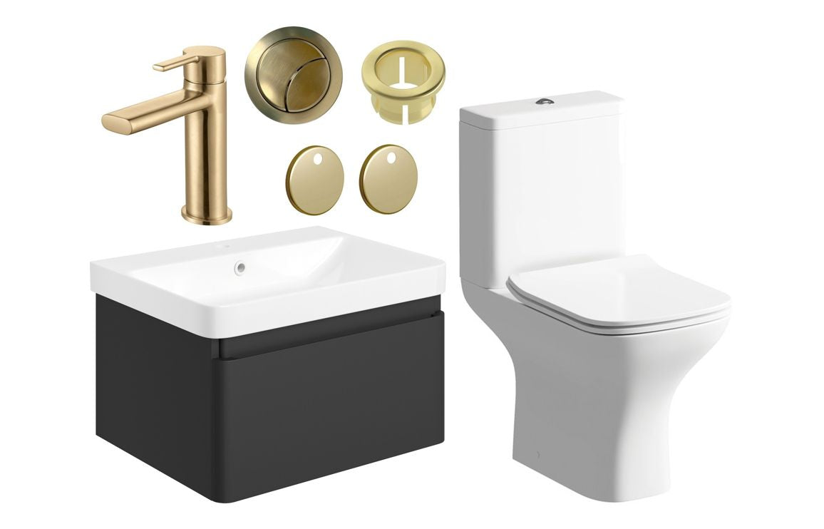 Darya 600mm Basin Unit &amp; Close Coupled WC Pack - Matt Black With Brushed Brass Finishes