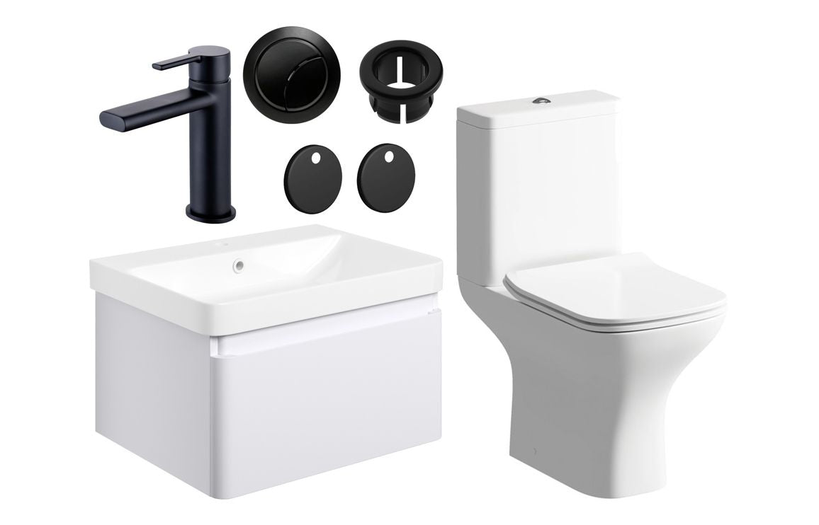 Darya 600mm Basin Unit &amp; Close Coupled WC Pack - Matt White With Black Finishes