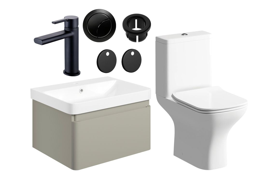 Darya 600mm Basin Unit &amp; Close Coupled WC Pack - Matt Latte With Black Finishes