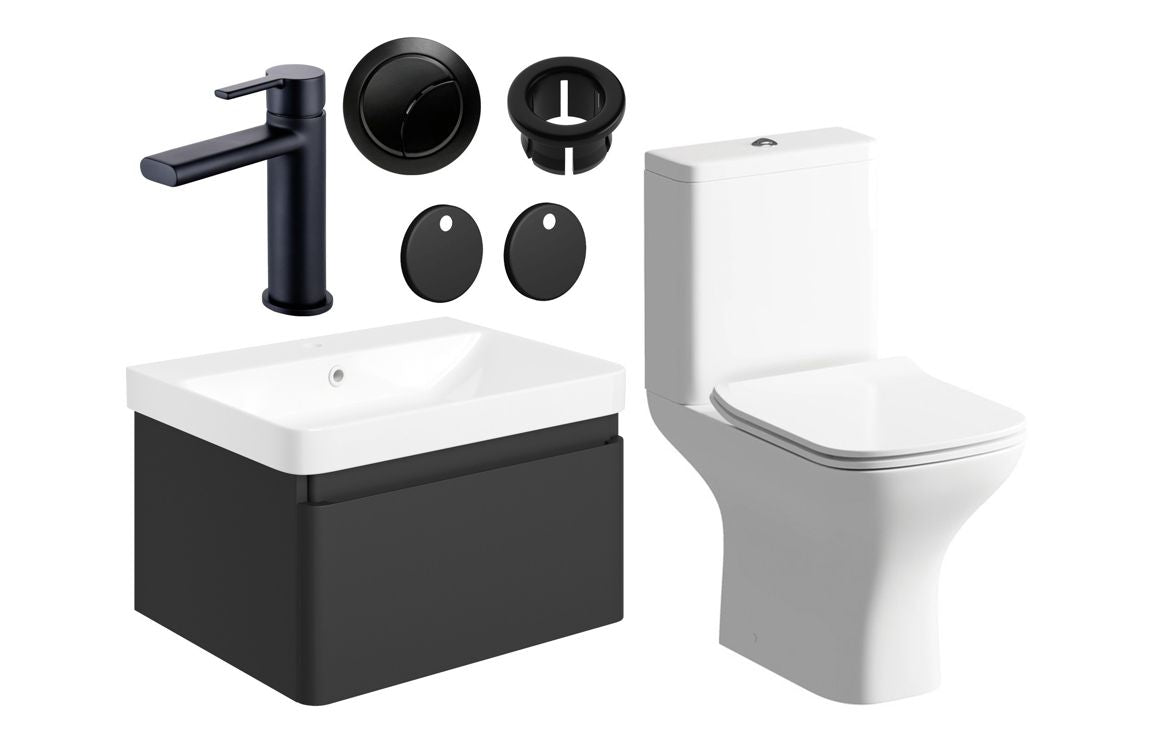 Darya 600mm Basin Unit &amp; Close Coupled WC Pack - Matt Black With Black Finishes