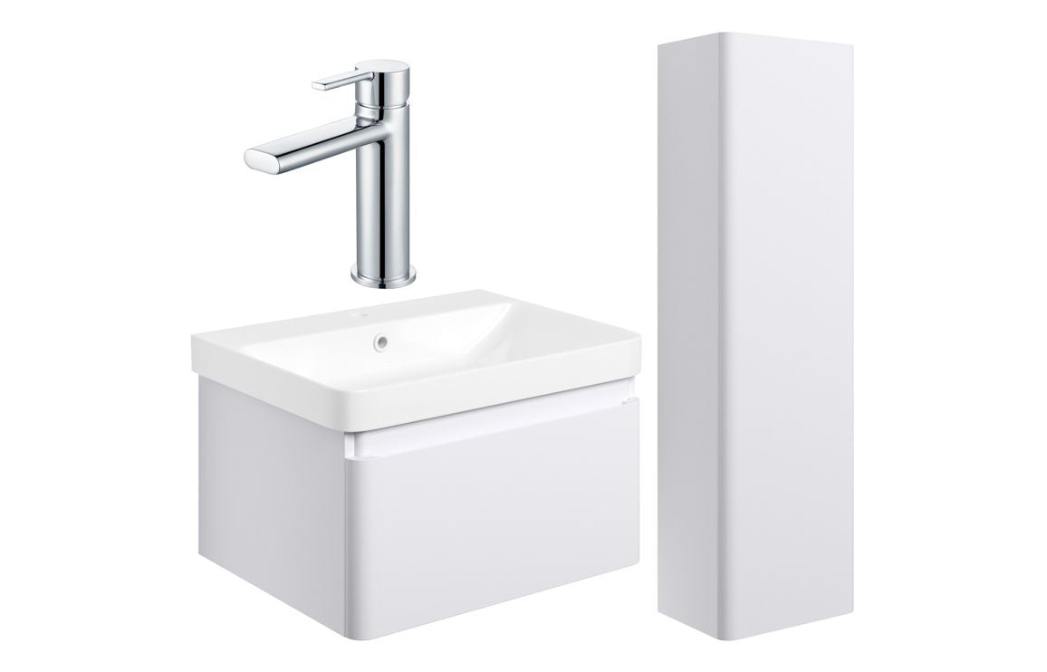 Darya 600mm Basin Unit &amp; Tall Unit Pack - Matt White With Chrome Finishes