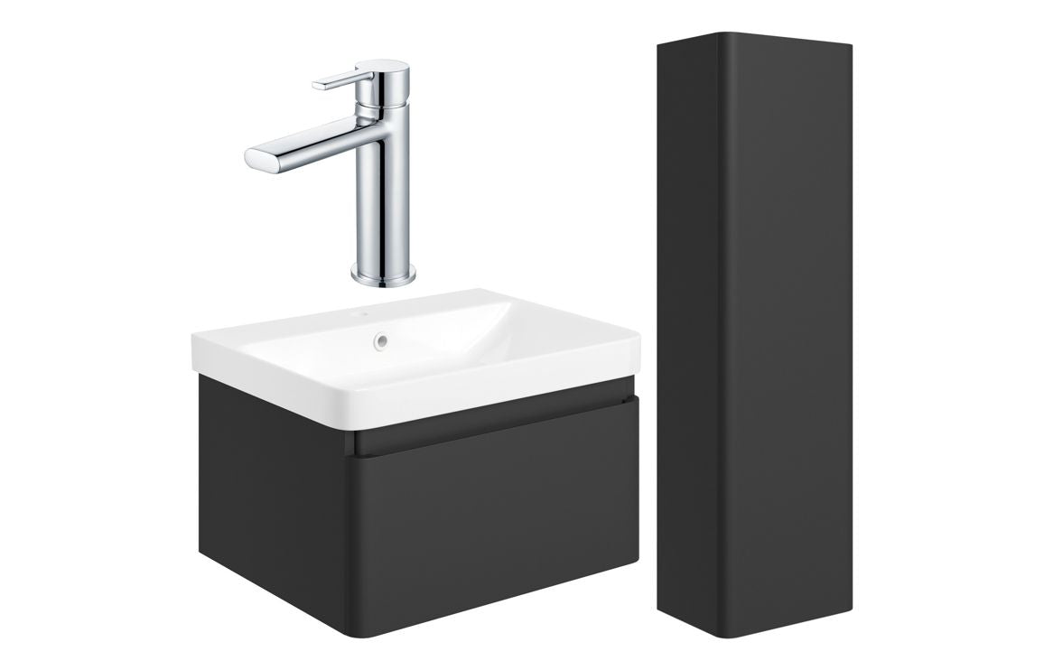 Darya 600mm Basin Unit &amp; Tall Unit Pack - Matt Black With Chrome Finishes