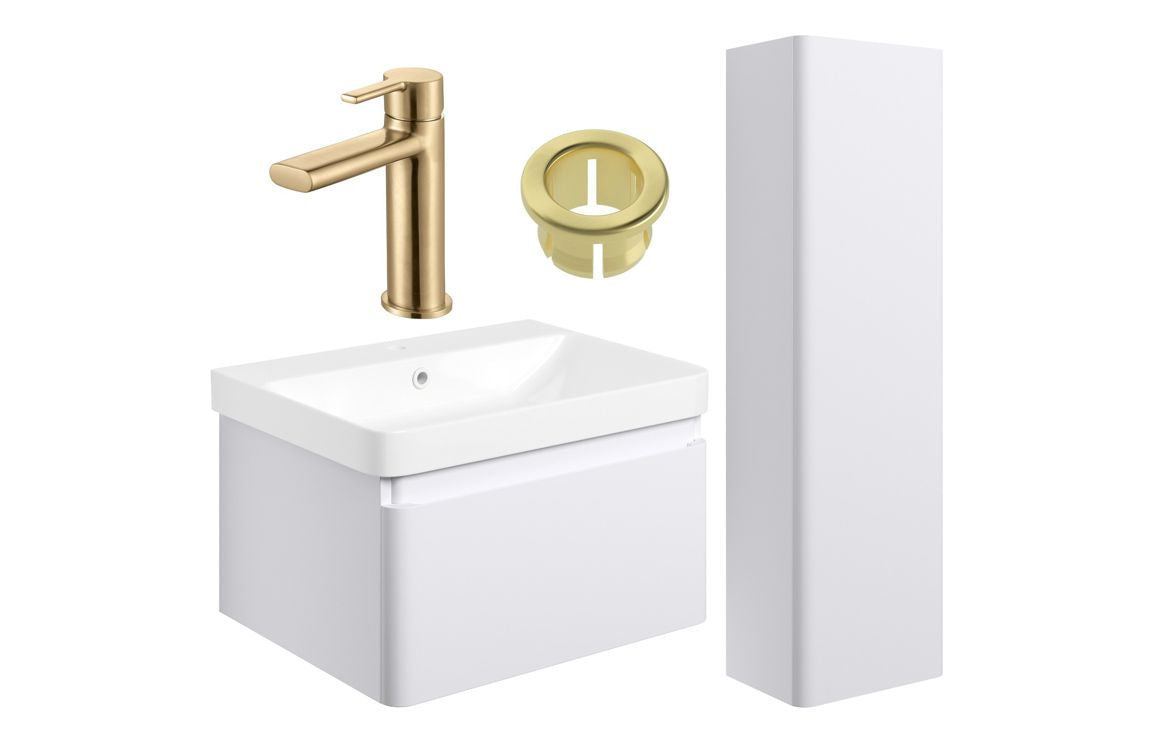 Darya 600mm Basin Unit &amp; Tall Unit Pack - Matt White With Brushed Brass Finishes