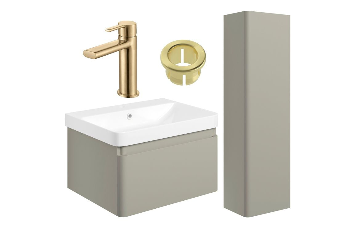 Darya 600mm Basin Unit &amp; Tall Unit Pack - Matt Latte With Brushed Brass Finishes