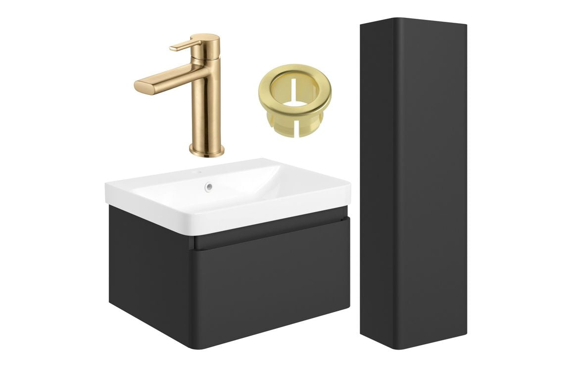 Darya 600mm Basin Unit &amp; Tall Unit Pack - Matt Black With Brushed Brass Finishes