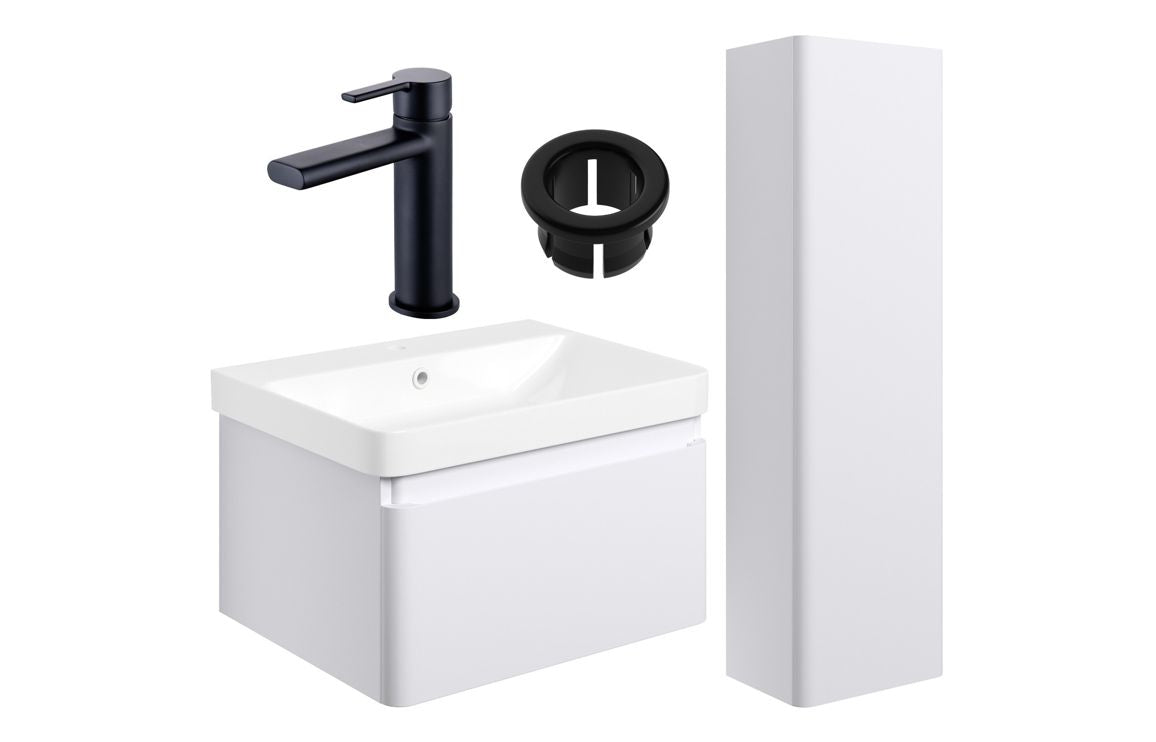 Darya 600mm Basin Unit &amp; Tall Unit Pack - Matt White With Black Finishes