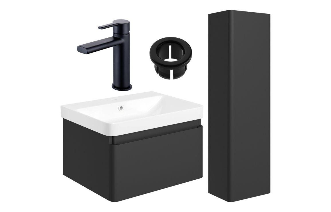 Darya 600mm Basin Unit &amp; Tall Unit Pack - Matt Black With Black Finishes