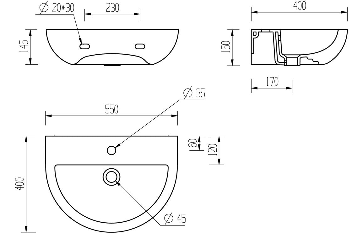 Bayoke 550x400mm 1TH Basin &amp; Semi Pedestal