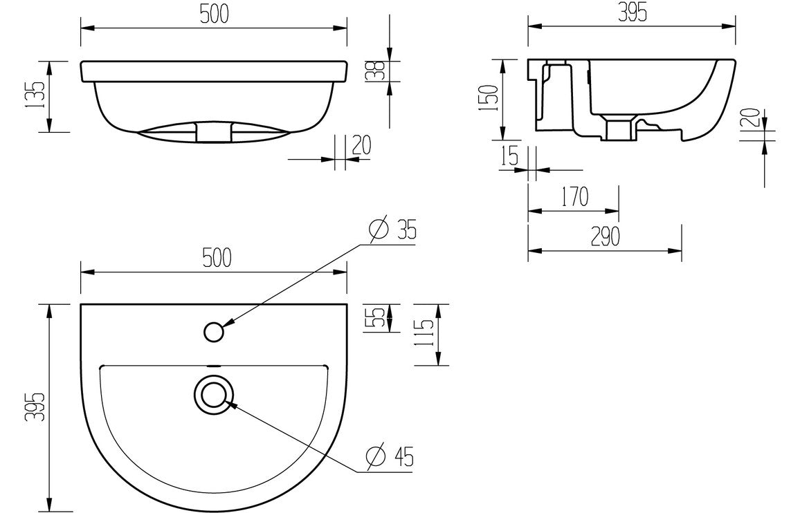 Bayoke 500x390mm 1TH Semi Recessed Basin