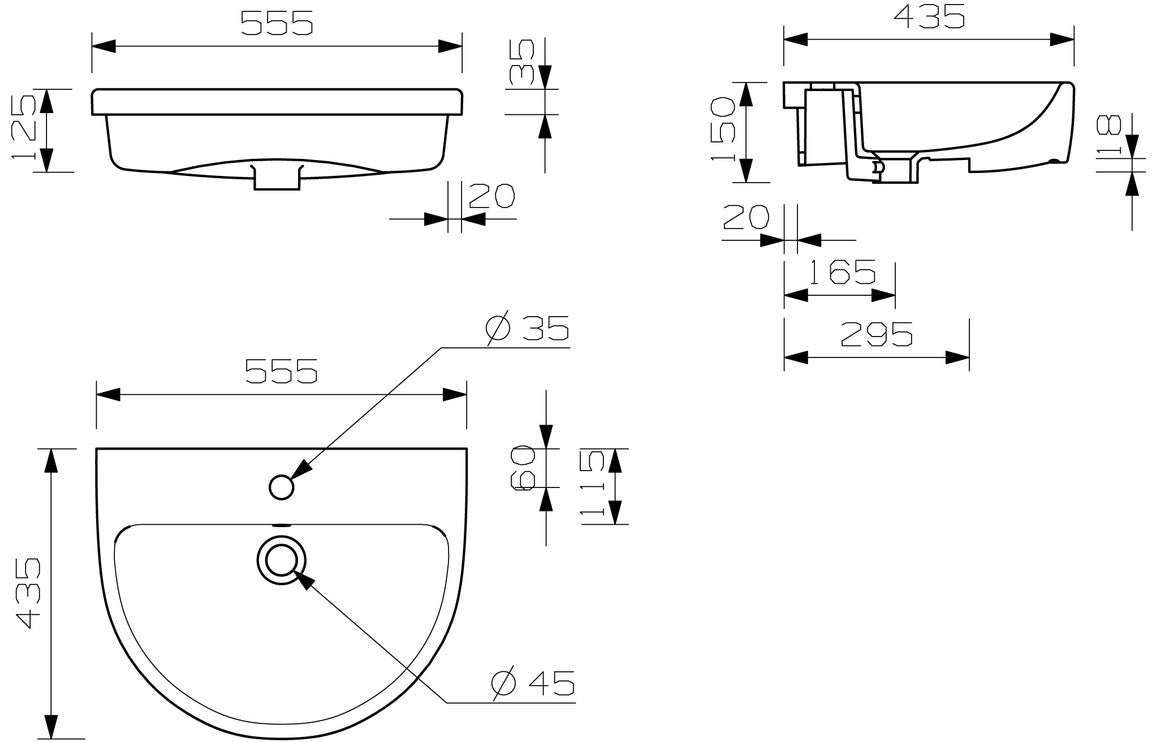 Sangha 555x435mm 1TH Semi Recessed Basin