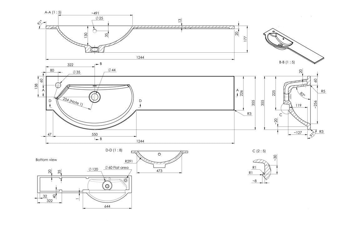 1244mm Slim Round One-Piece Basin &amp; Overflow Ring - Left Hand
