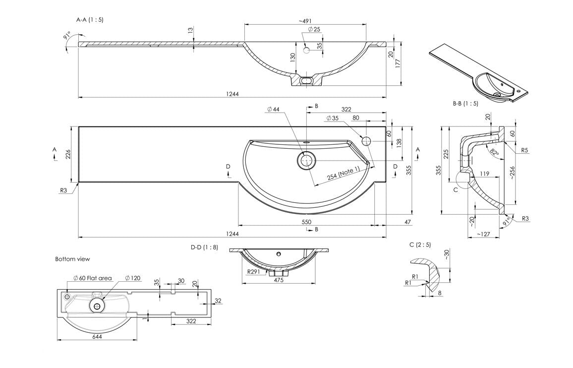 1244mm Slim Round One-Piece Basin &amp; Overflow Ring - Right Hand