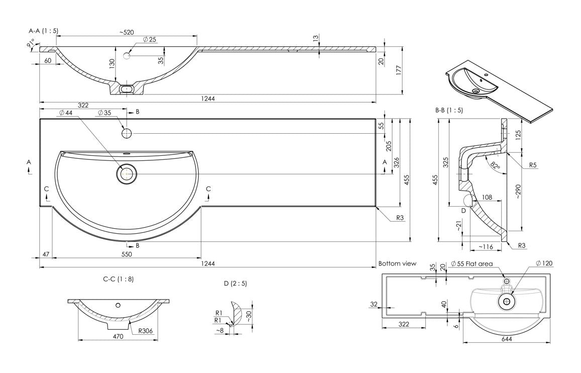 1244mm Standard Round One-Piece Basin &amp; Overflow Ring - Left Hand