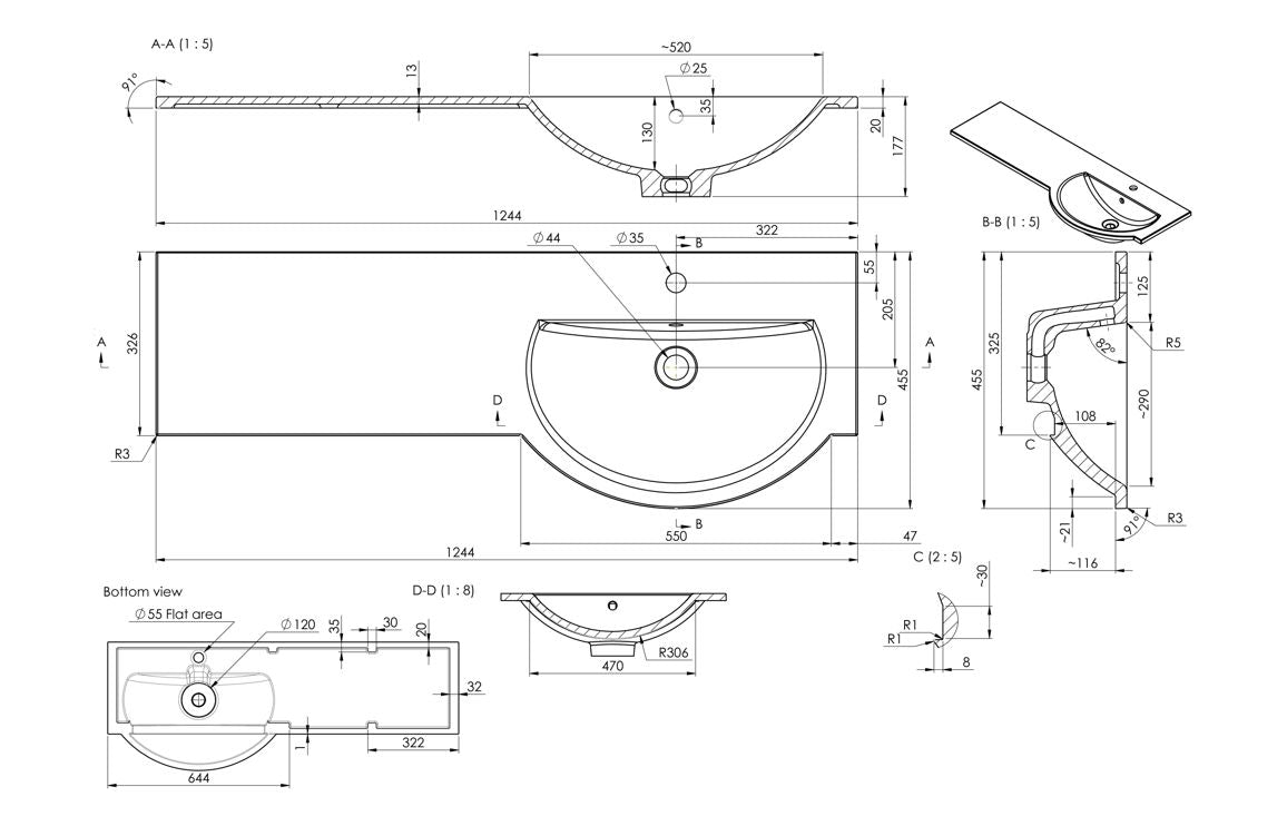 1244mm Standard Round One-Piece Basin &amp; Overflow Ring - Right Hand