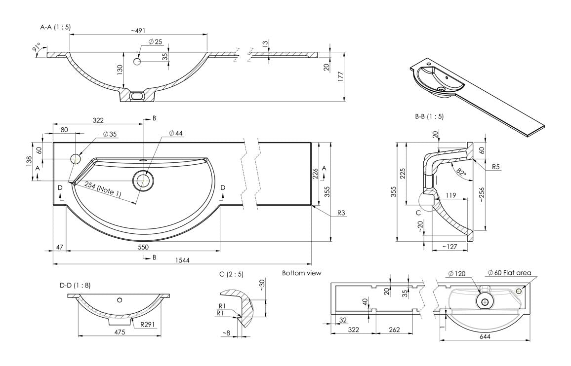 1544mm Slim Round One-Piece Basin &amp; Overflow Ring - Left Hand