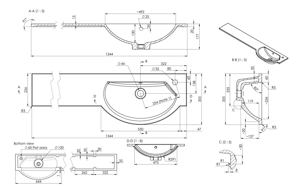 1544mm Slim Round One-Piece Basin &amp; Overflow Ring - Right Hand