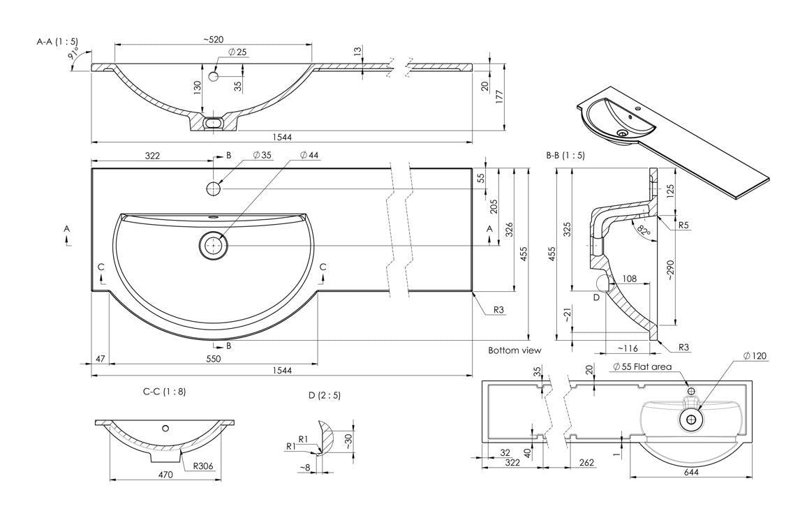1544mm Standard Round One-Piece Basin &amp; Overflow Ring - Left Hand