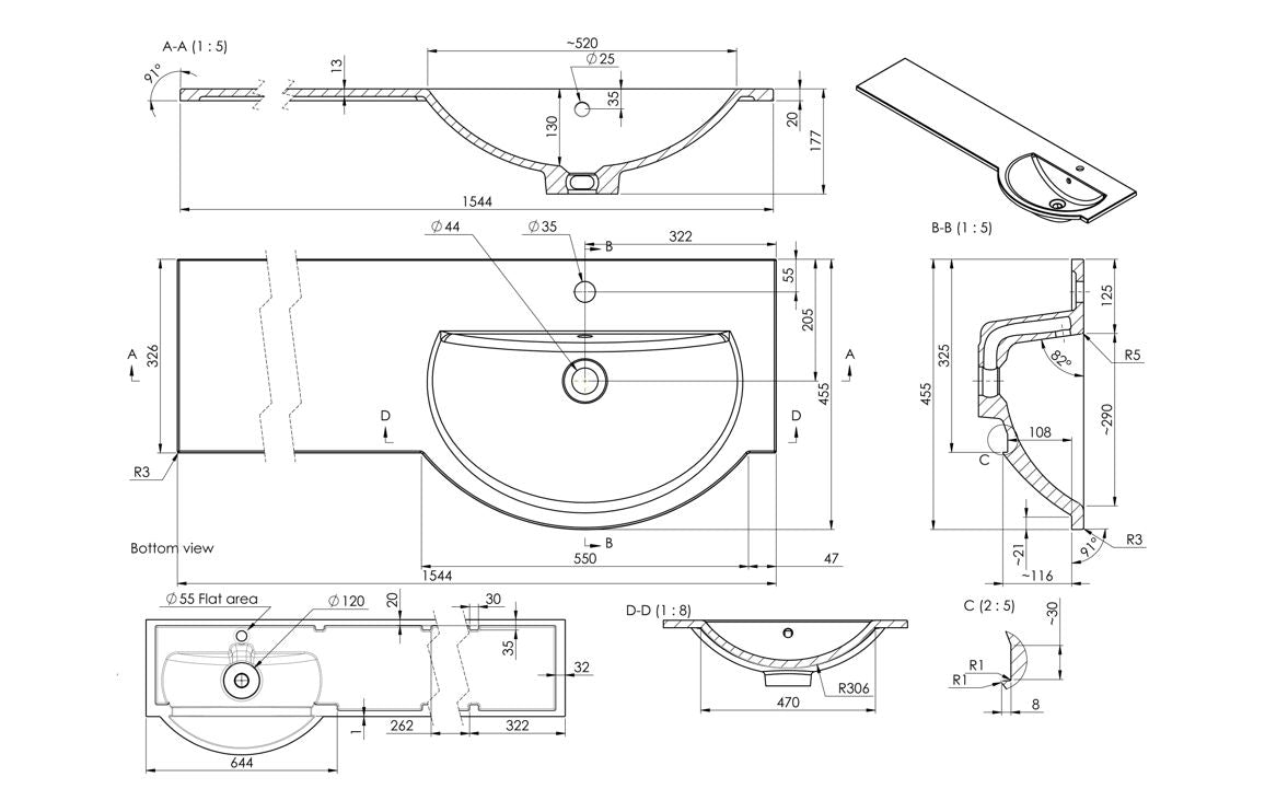 1544mm Standard Round One-Piece Basin &amp; Overflow Ring - Right Hand