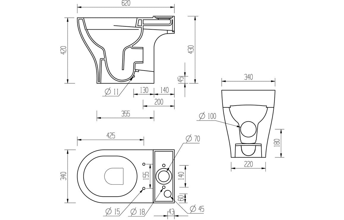 Adour Rimless Short Projection Close Coupled Open Back WC &amp; Soft Close Seat