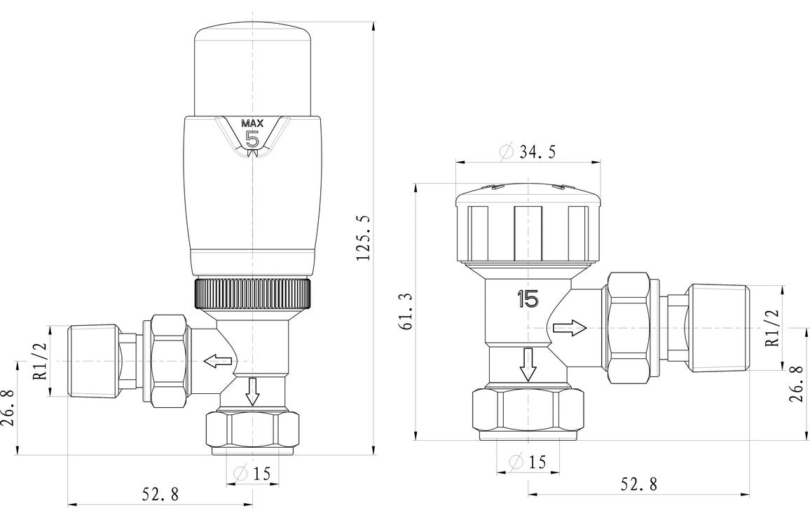 Round Thermostatic Chrome Radiator Valves - Angled