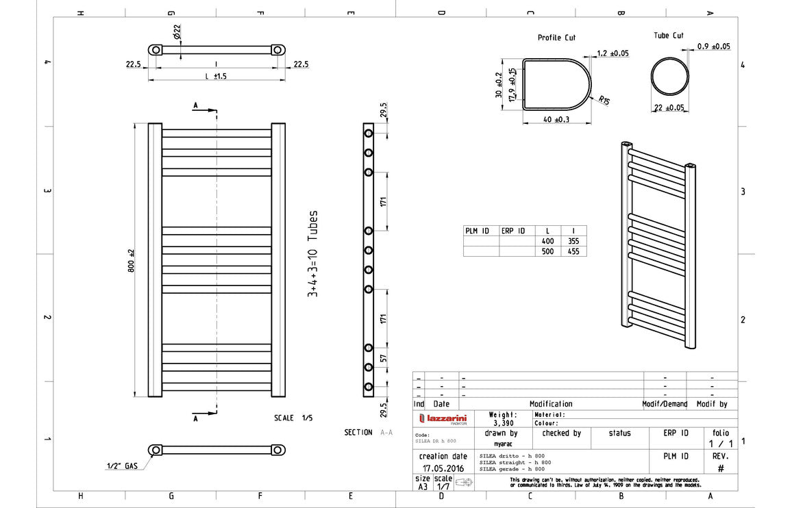 Monarda Straight 30mm Ladder Radiator (500x800x30mm) - Matt Black