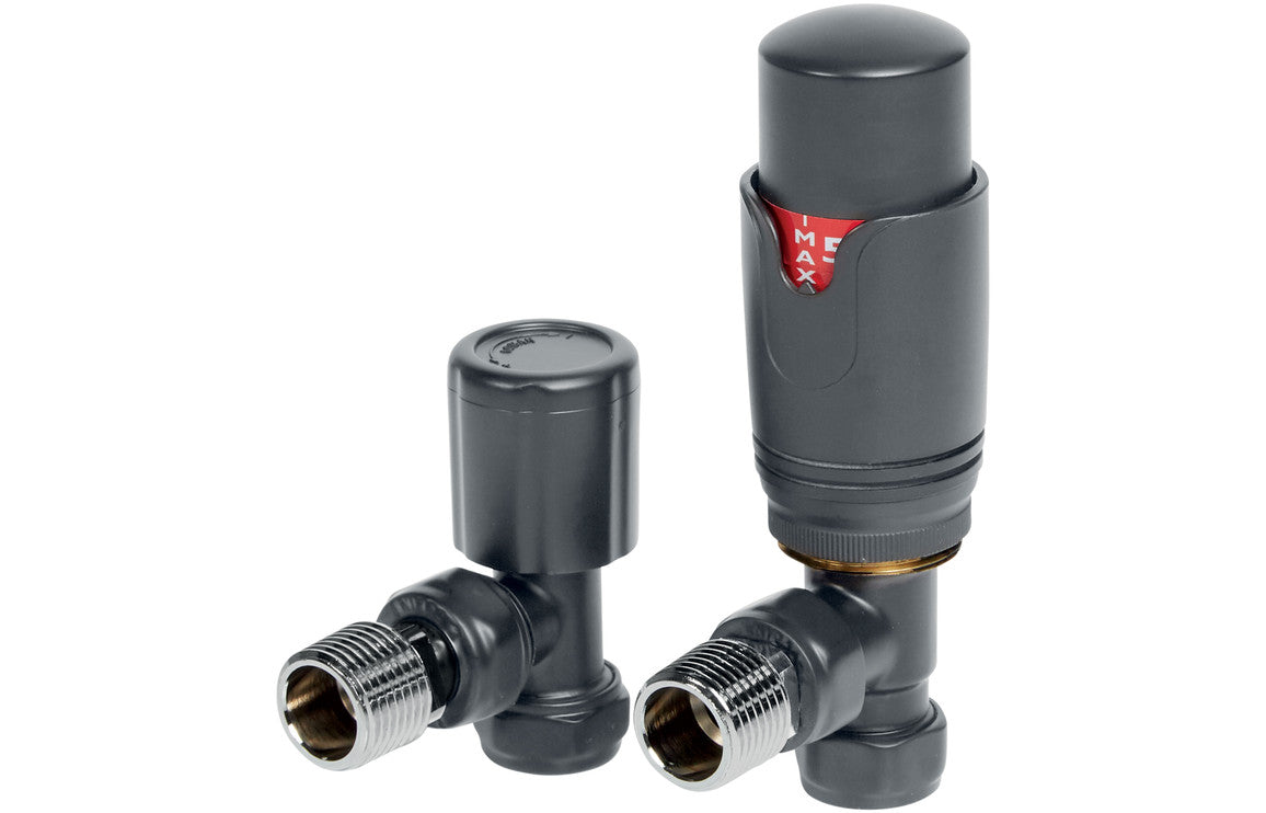 Round Thermostatic Anthracite Radiator Valves - Angled