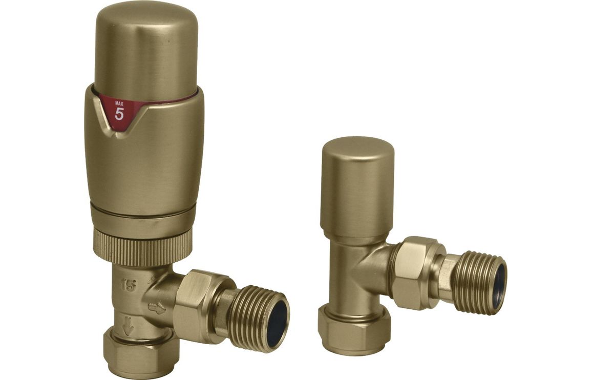 Round Thermostatic Brushed Brass Radiator Valves - Angled