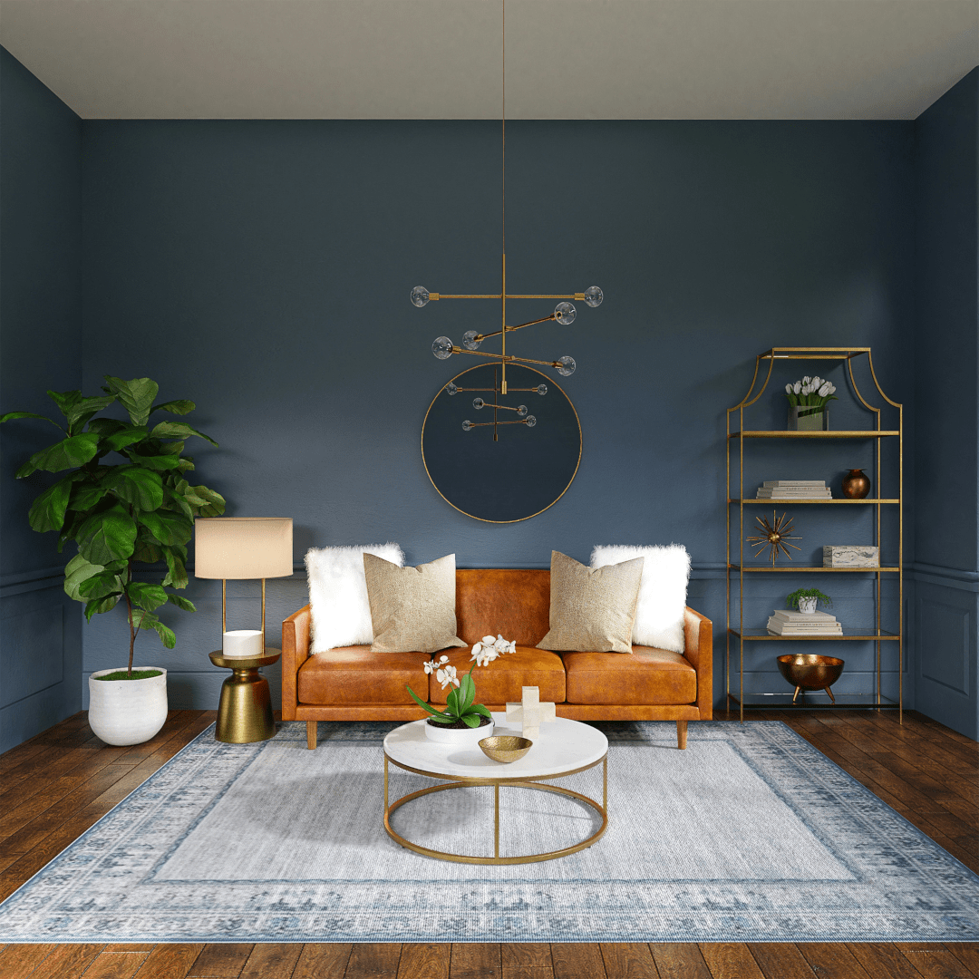 Dark Hardwood Flooring in navy blue living room with a contrasting light leather sofa.