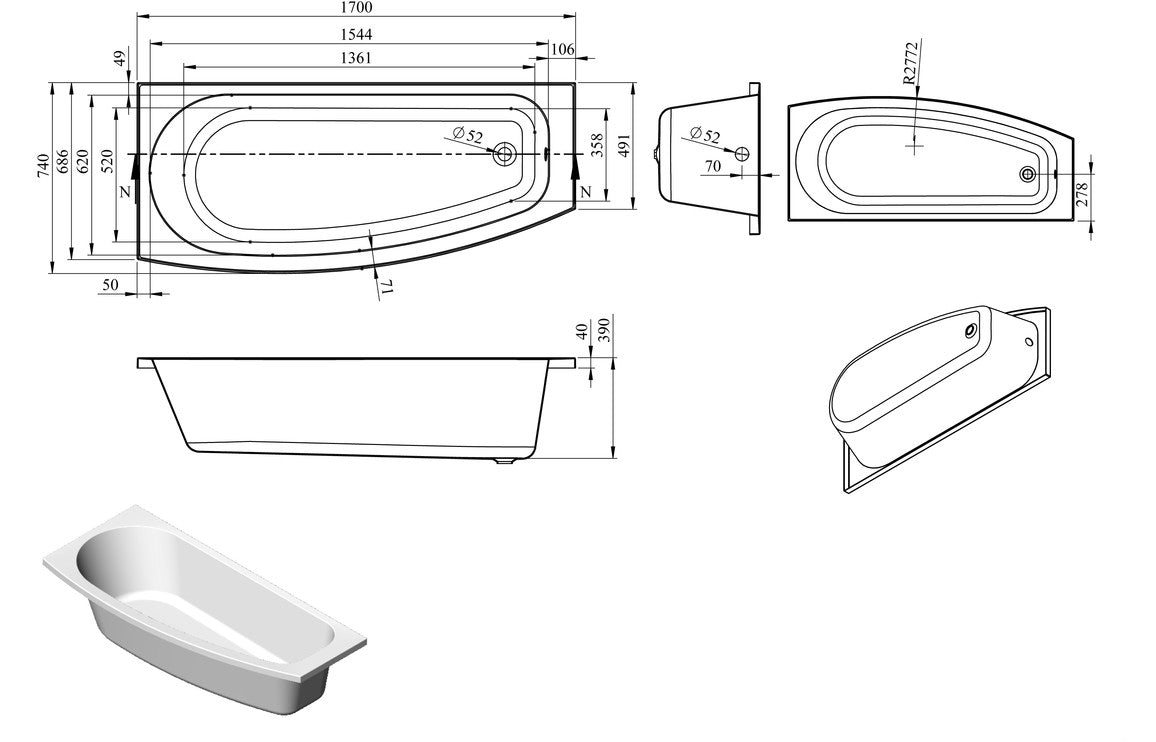 Lawrence Space Saving 1700x740x560mm 0TH Bath w/Legs (LH)