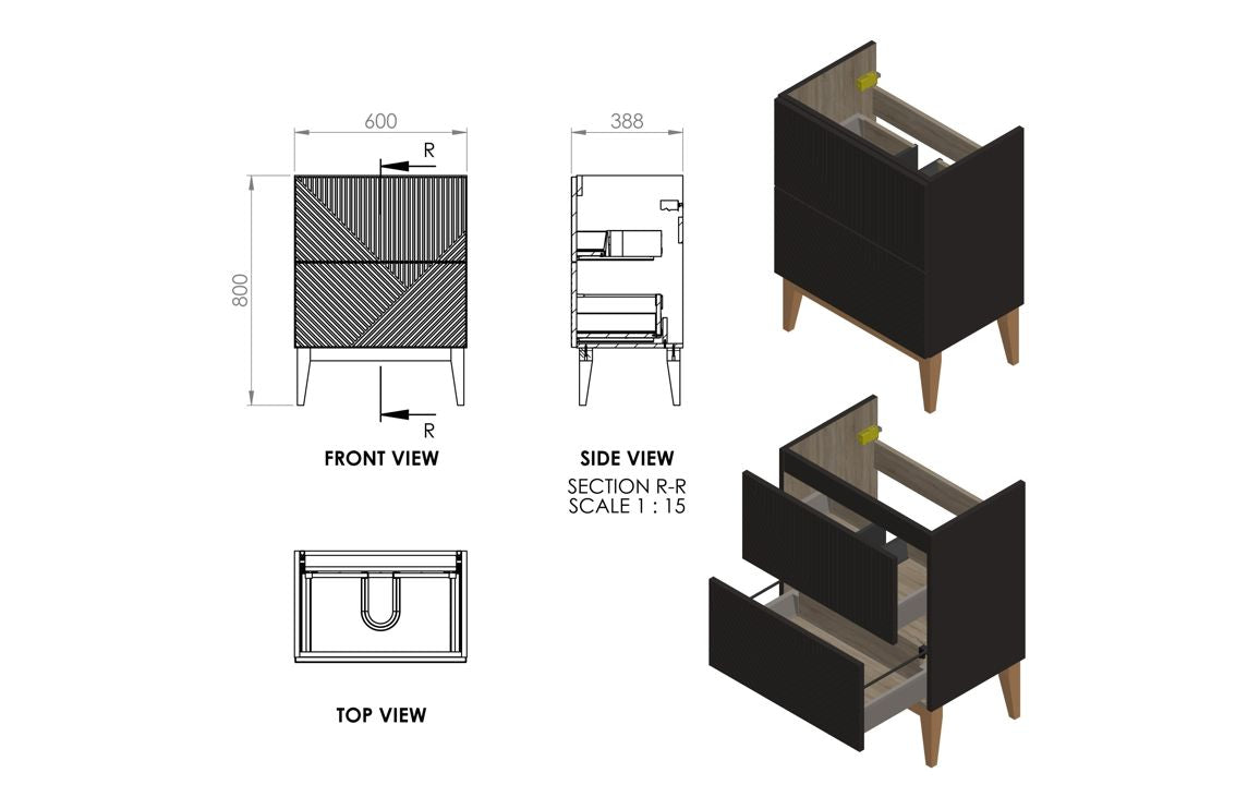 Calla 610mm Floor Standing 2 Drawer Basin Unit &amp; Maple Oak Effect Worktop - Matt Graphite Grey