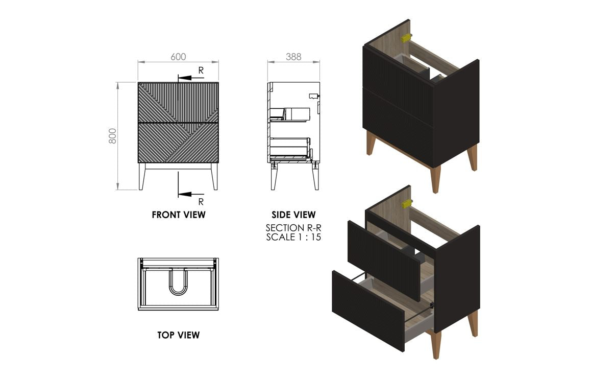 Calla 610mm Floor Standing 2 Drawer Basin Unit &amp; Maple Oak Effect Worktop - Matt Smoke Blue