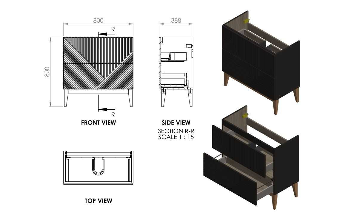 Calla 810mm Floor Standing 2 Drawer Basin Unit &amp; Maple Oak Effect Worktop - Matt Graphite Grey