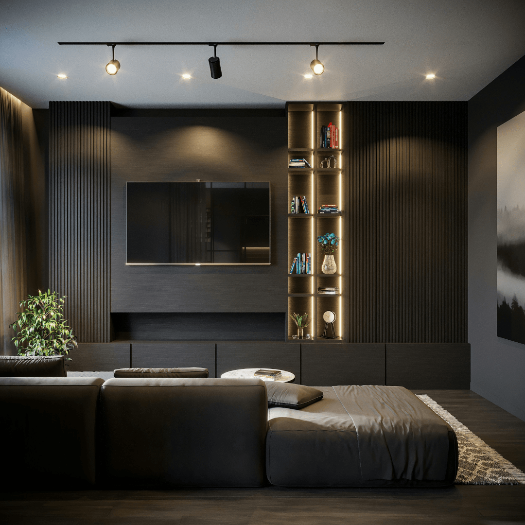 Living room with feature wall with storage that is lit up with ambient lighting