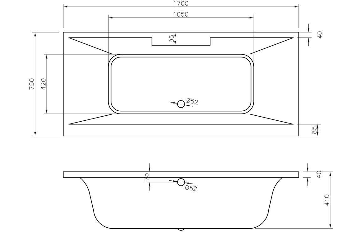 Patos Deluxe Square Double End 1700x750x550mm 0TH Bath with Legs