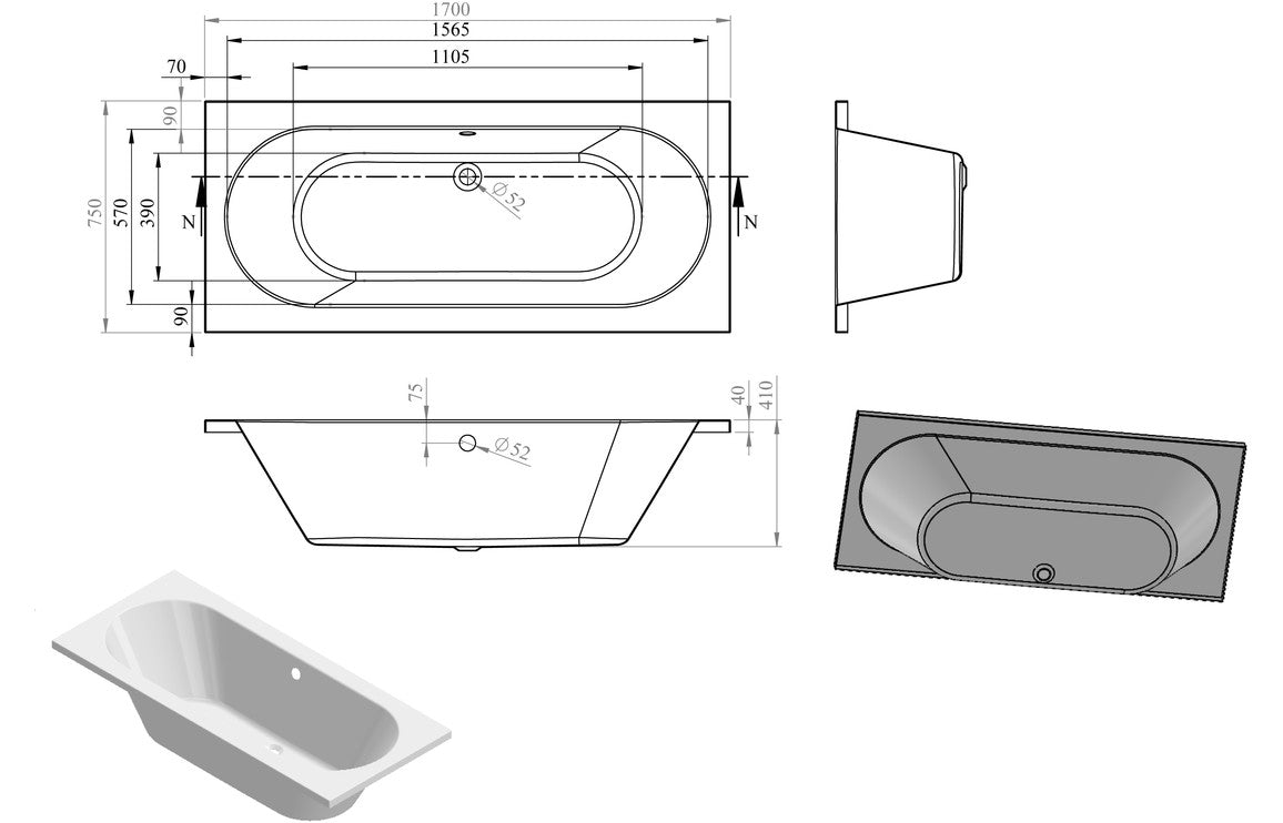 Timor Round Double End SUPERCAST 1700x750x550mm 0 Tap Holes Bath withLegs