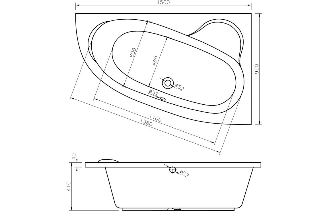 Sagami 1500x950x600mm 0TH Offset Corner Bath with Legs (RH)