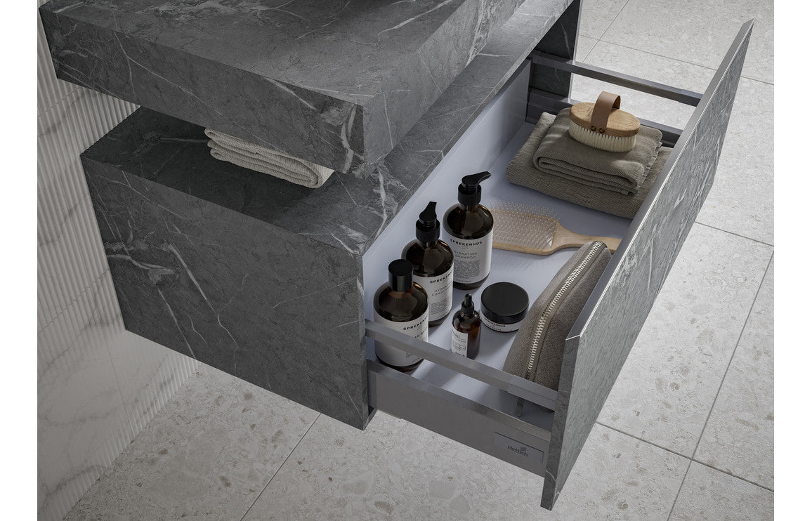 Tallula 800mm Wall Hung Grey Marble Basin Shelf &amp; Brushed Bronze Bottle Trap