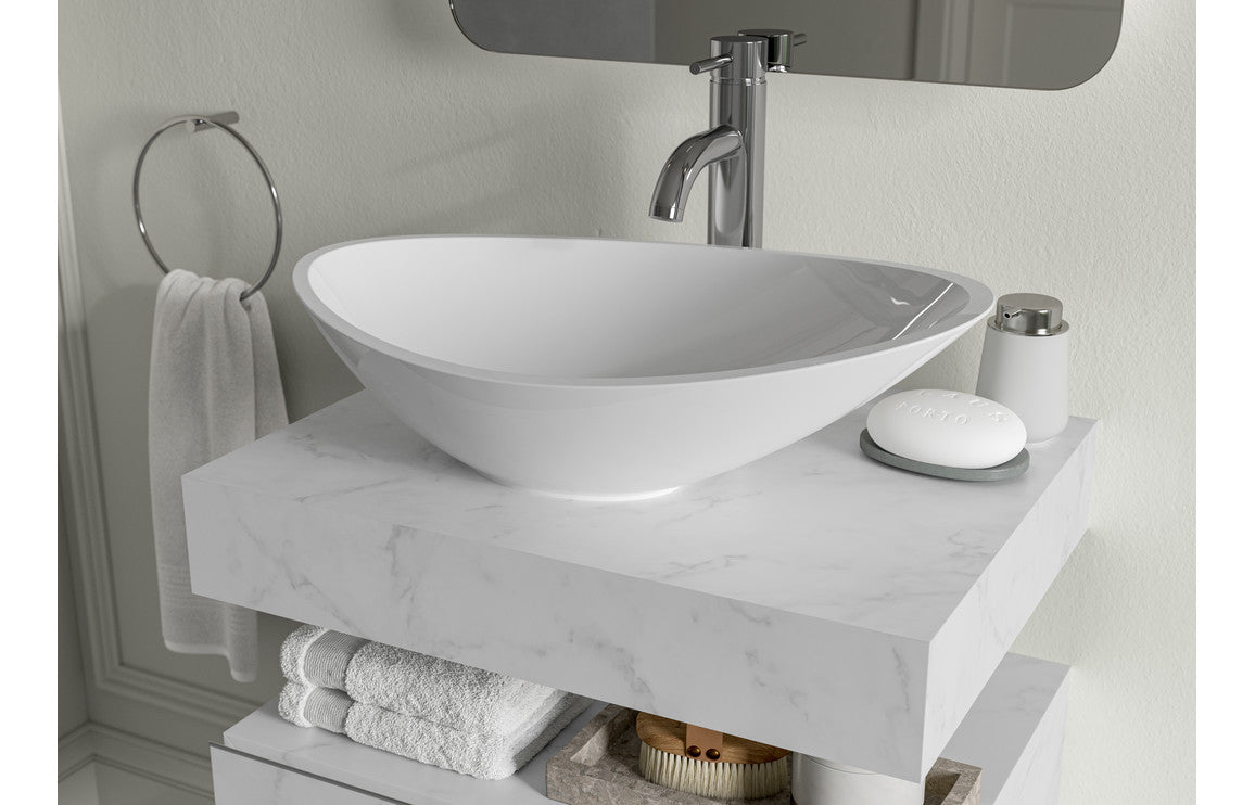 Tallula 600mm Wall Hung White Marble Basin Shelf &amp; Brushed Bronze Bottle Trap