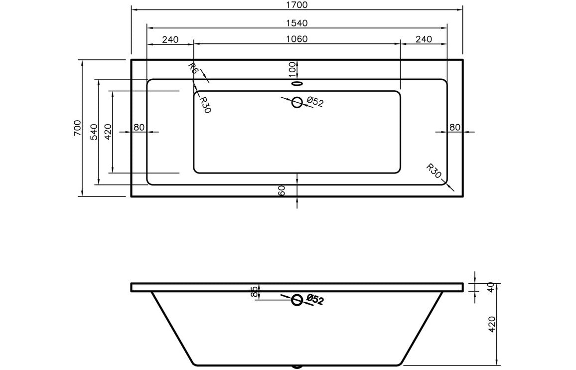 Levatine Square Double End SUPERCAST 1700x700x550mm 0 Tap Holes Bath withLegs